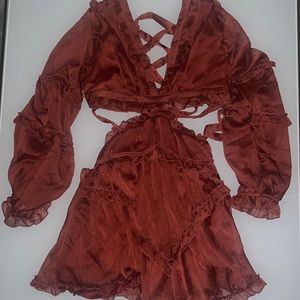 Fashion Nova Rust Red Long Sleeve Ruffle Dress